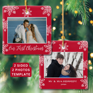 Ornement En Céramique Nos premiers Noël 2 Photo Flèches blanches Red