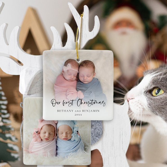 Ornement En Céramique Notre premier Noël 2 Photos Script Twin Baby (Front and back view)