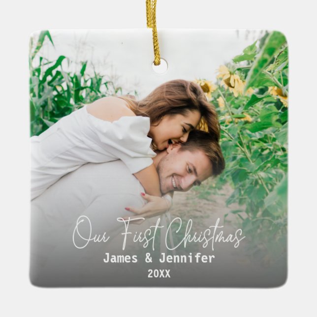 Ornement En Céramique Notre premier Noël Couple Personnalisé Noms & 2 Ph (Devant)
