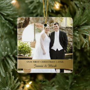 Ornement En Céramique Notre premier Noël, Gold Mariage photo Keepsaké