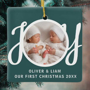 Ornement En Céramique Notre Premier Noël Jumeaux Photo Cadeau Vert