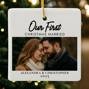 Ornement En Céramique Notre première photo de Noël mariés