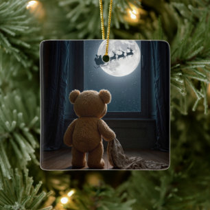 Ornement En Céramique Nounours regardant le Père Noël