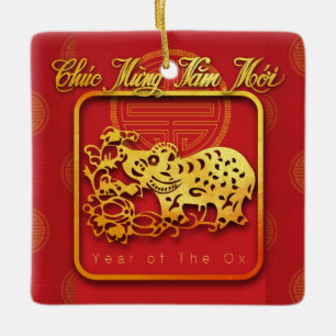 Ornement En Céramique Nouvel an vietnamien OX papier coupé CRO