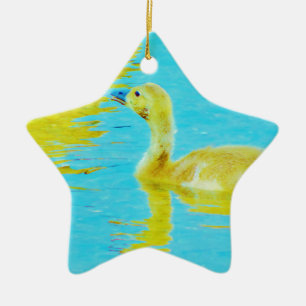 Ornement En Céramique Oie-bébé jaune avec eau bleu clair
