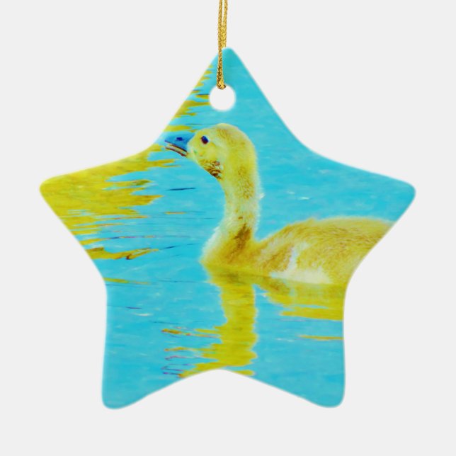 Ornement En Céramique Oie-bébé jaune avec eau bleu clair (Devant)