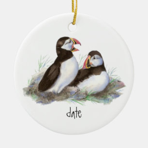 Ornement En Céramique Oiseau de Puffins Daté Personnalisé