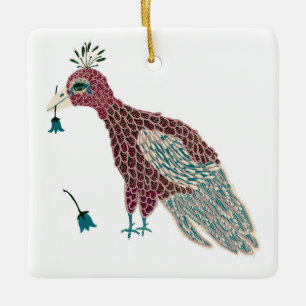Ornement En Céramique Oiseau Rouge avec fleurs bleues