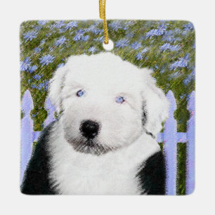 Ornement En Céramique Old English Sheepdog Puppy Painting - Dog Art