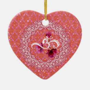 Ornement En Céramique OM blanc rose damassé Yoga Méditation Détente