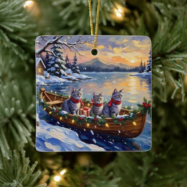 Ornement En Céramique Oriental Blue Cat Christmas Boat Holiday (Arbre)