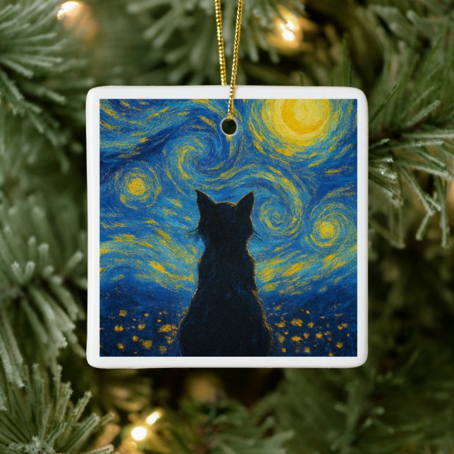 Ornement En Céramique Ornament Cat Starry Night Van Gogh  (Arbre)