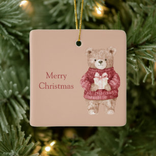 Ornement En Céramique Ours Mignon Sweater Rouge Noël