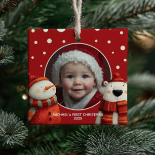 Ornement En Céramique Ours polaire mignon Rouge Premier Noël Bébé Photo