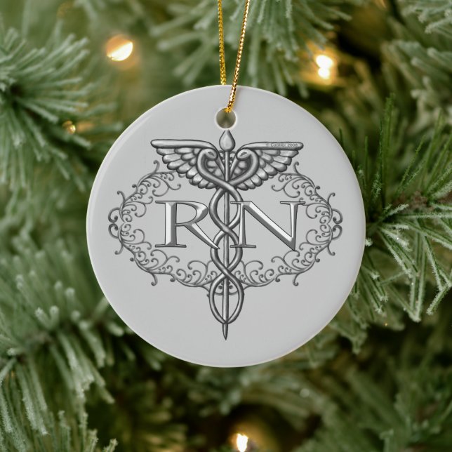 Ornement En Céramique Oval Silver Caduceus RN Nurse (Arbre)