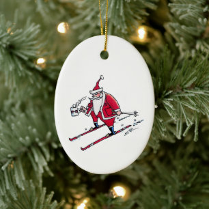 Ornement en céramique ovale de Père Noël skiant