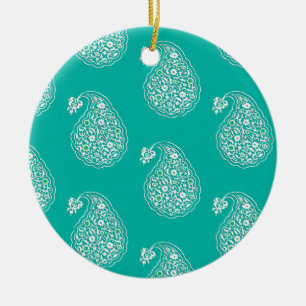 Ornement En Céramique Paisley perse - blanc sur turquoise