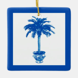 Ornement En Céramique Palmier pointilleux - bleu cobalt et blanc