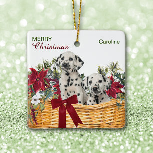 Ornement En Céramique Panier de Noël au poinsettia avec chiots dalmates