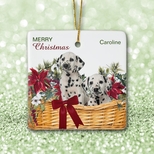 Ornement En Céramique Panier de Noël au poinsettia avec chiots dalmates (Créateur téléchargé)