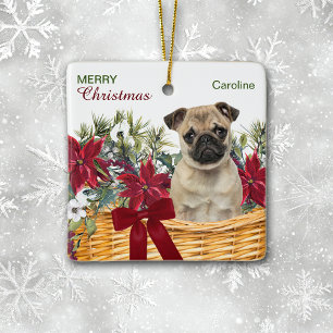 Ornement En Céramique Panier de Noël Poinsettia Carlin Chien