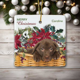 Ornement En Céramique Panier de Noël Poinsettia Chocolate Labrador