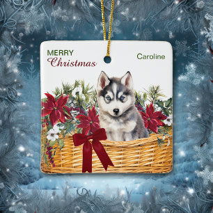 Ornement En Céramique Panier de Noël Sibérien Husky Puppy Poinsettia
