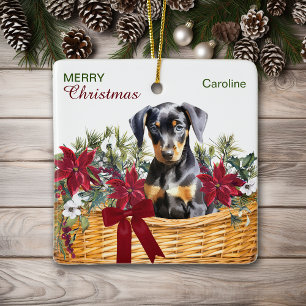 Ornement En Céramique Panier de vacances Doberman Pinscher Puppy Poinset