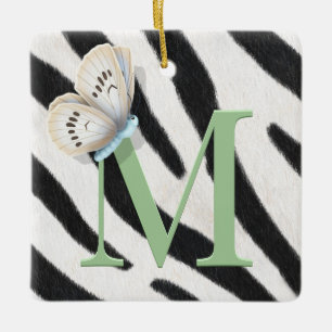 Ornement En Céramique Papillon bleu et fourrure zébrée Monogramme vert p