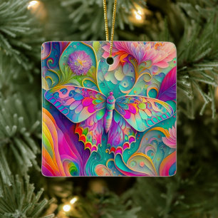 Ornement En Céramique Papillon psychédélique coloré et fleurs
