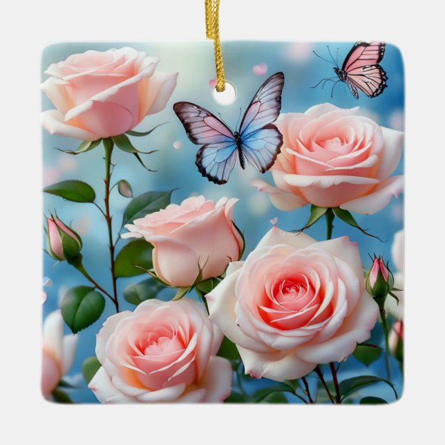 Ornement En Céramique Papillon Sur Fleur Rose (Devant)