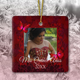 Ornement En Céramique Papillons rouges, Quinceanera Photo de Noël