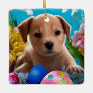 Ornement En Céramique Pâques Puppy Fleurs et Oeufs Fête