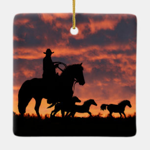 Ornement En Céramique Pays Western Cowboy Roundup Chevaux sauvages