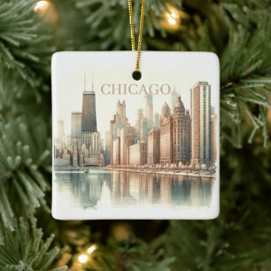 Ornement En Céramique Paysage de Chicago à l'aquarelle Photo personnalis