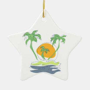 Ornement En Céramique Paysage de plage d'île tropicale. Contour d'arbre 