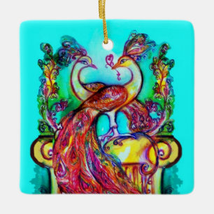 Ornement En Céramique PEACOCKS IN LOVE /RED RUBY GEMSTONE, Bleu turquois