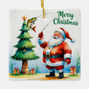 Ornement En Céramique Pêche Noël avec le Père Noël