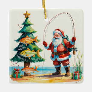 Ornement En Céramique Pêche Noël avec le Père Noël