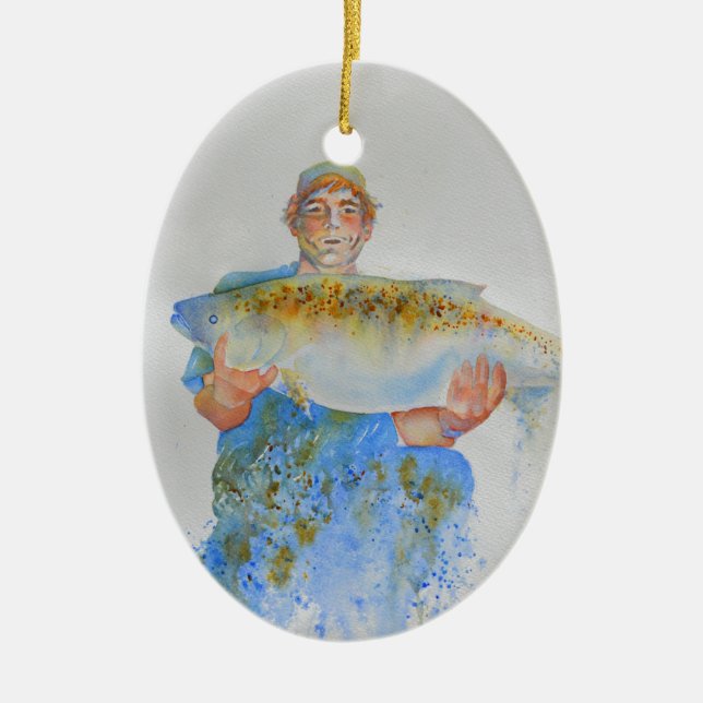 Ornement En Céramique Pêcheur peinture d'aquarelle cadeau de pêche pour  (Devant)