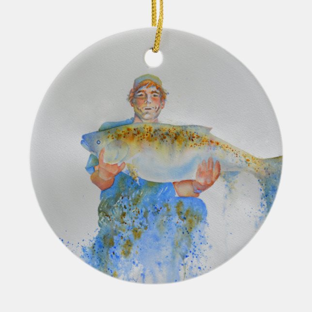 Ornement En Céramique Pêcheur peinture d'aquarelle cadeau de pêche pour  (Devant)
