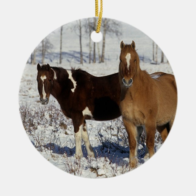 Ornement En Céramique Peignez les chevaux dans la neige (Devant)