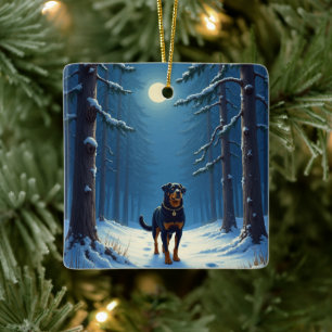 Ornement En Céramique Peinture de Noël Randonnée de Rottweiler Forêt Éto