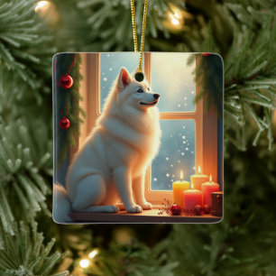 Ornement En Céramique Peinture de Noël Samoyède sous le gui