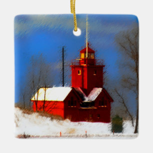 Ornement En Céramique Peinture de phare rouge - Art original