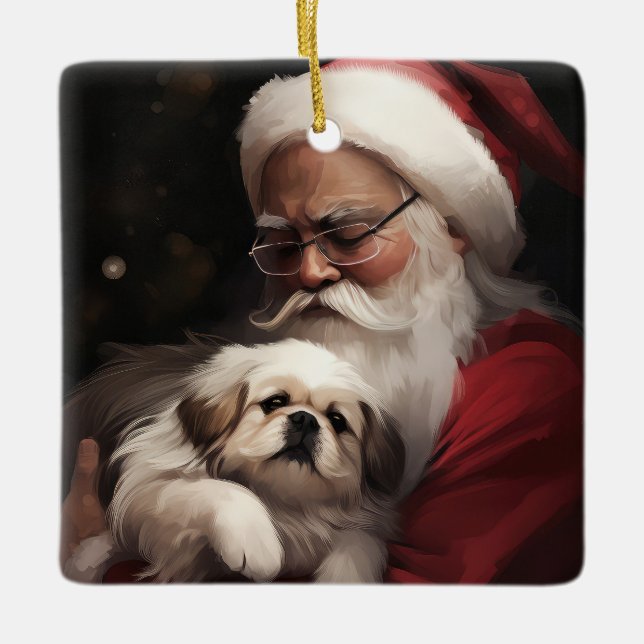 Ornement En Céramique Pekingese avec le Père Noël Festif Noël (Devant)