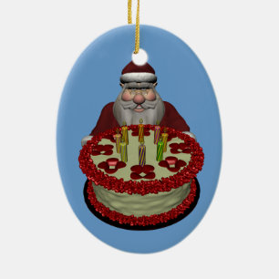 Ornement En Céramique Père Noël Avec Gâteau D'Anniversaire