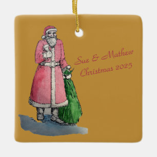 Ornement En Céramique Père Noël avec un Sac de Cadeaux