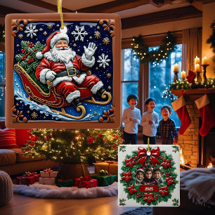Ornement En Céramique Père Noël dans son traîneau personnalisable
