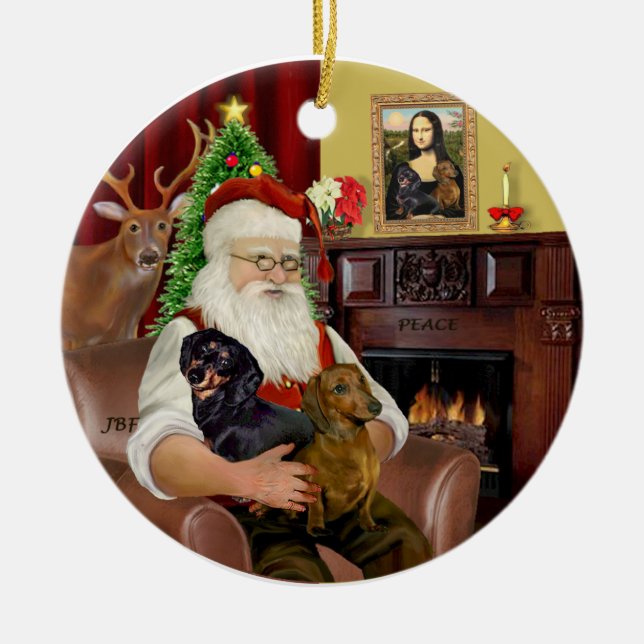 Ornement En Céramique Père Noël-Deux Dachshunds (BT+rouge) (Devant)
